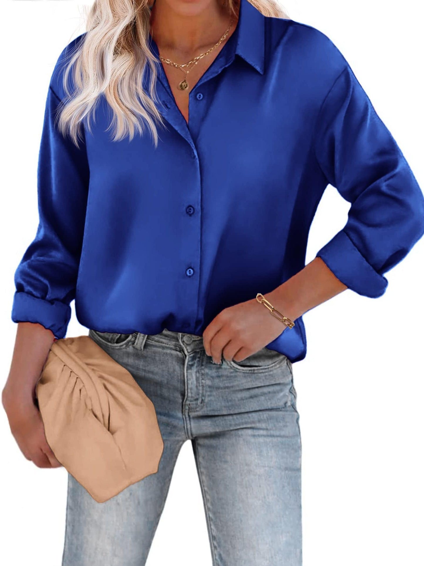 Rozanne - Casual Satijnen Blouse met Knoopsluiting en Lange Mouwen