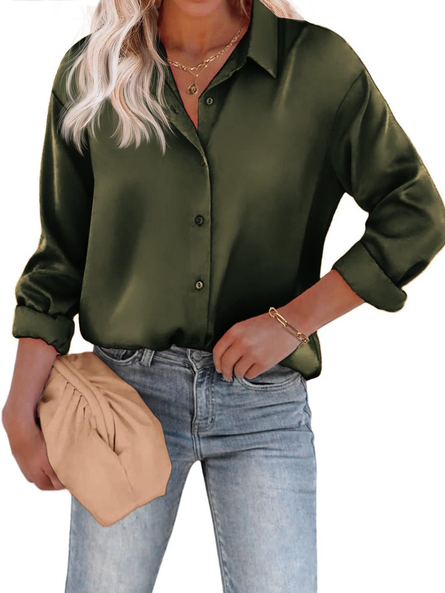 Rozanne - Casual Satijnen Blouse met Knoopsluiting en Lange Mouwen