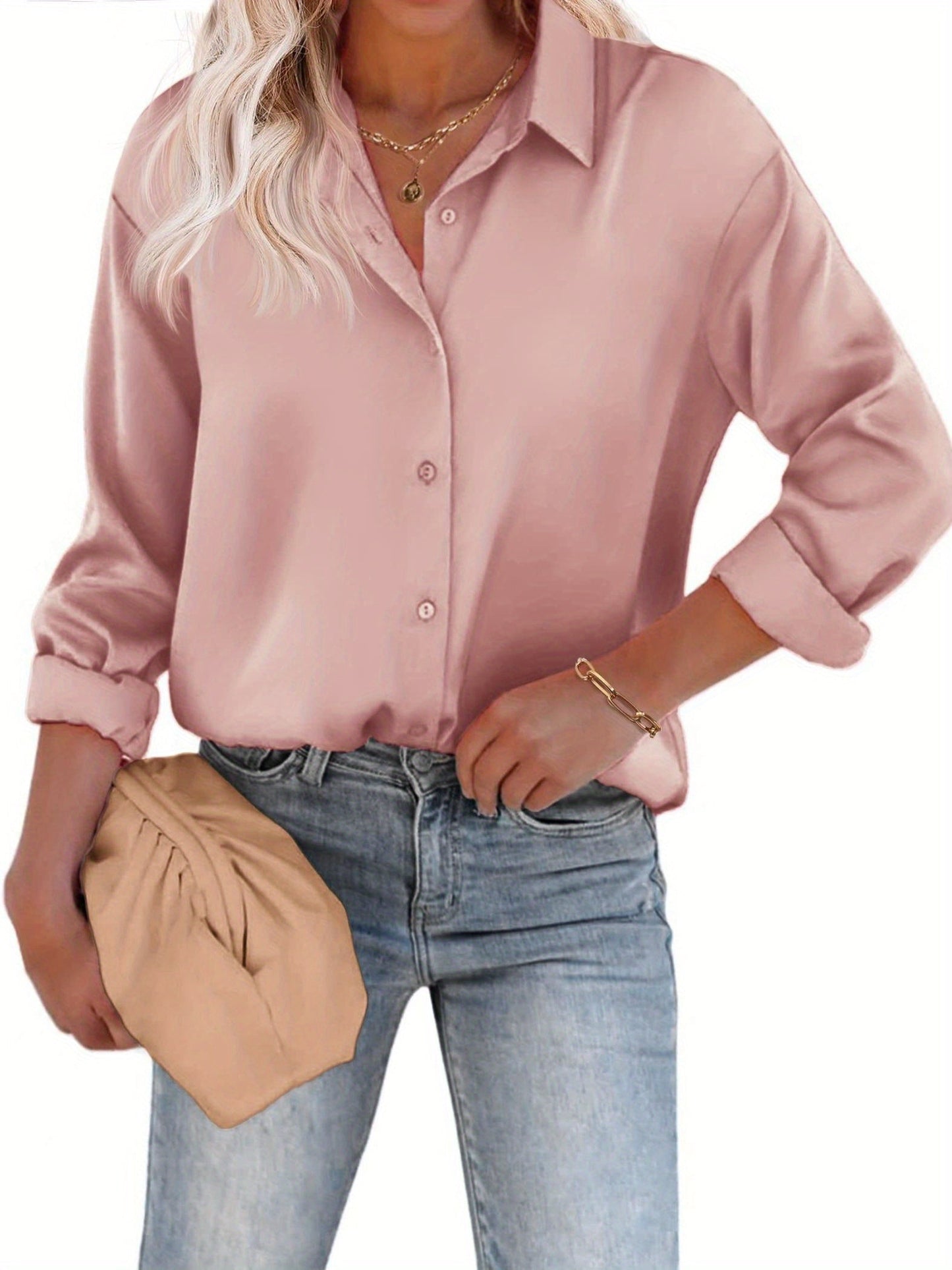 Rozanne - Casual Satijnen Blouse met Knoopsluiting en Lange Mouwen