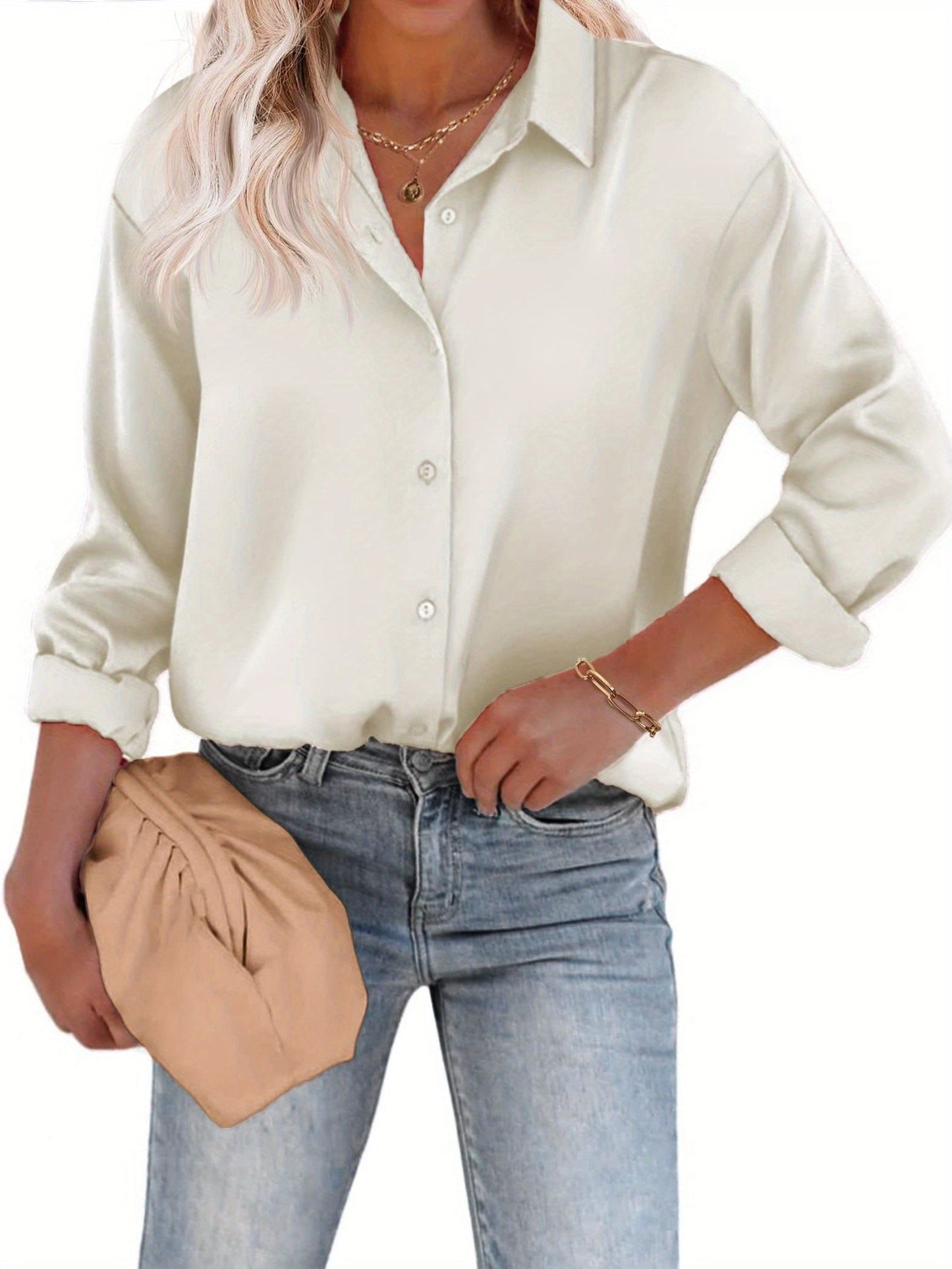 Rozanne - Casual Satijnen Blouse met Knoopsluiting en Lange Mouwen