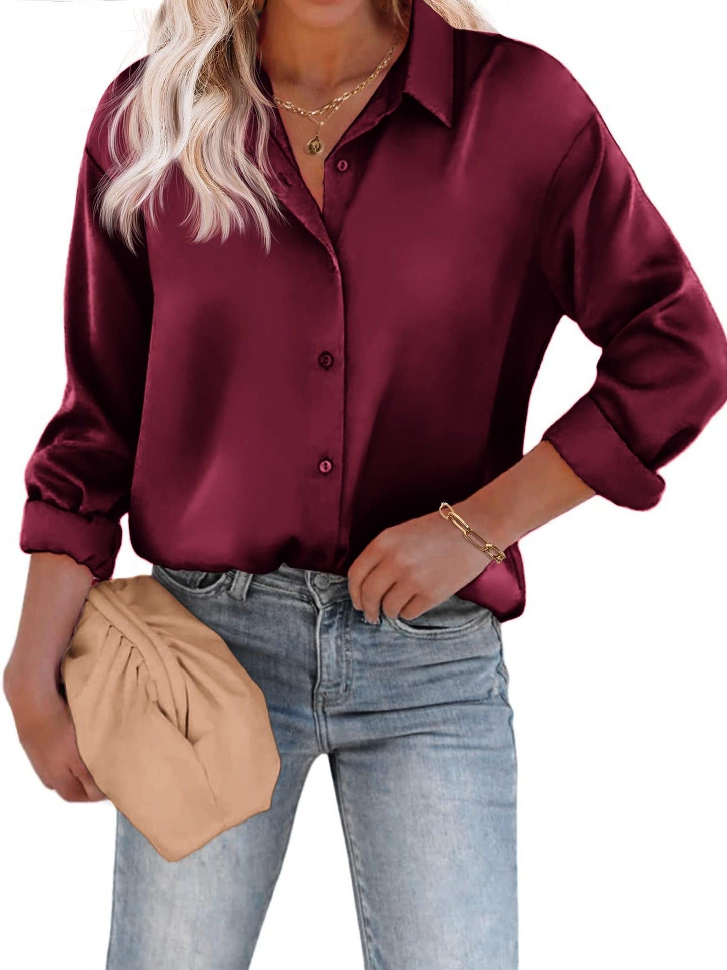 Rozanne - Casual Satijnen Blouse met Knoopsluiting en Lange Mouwen