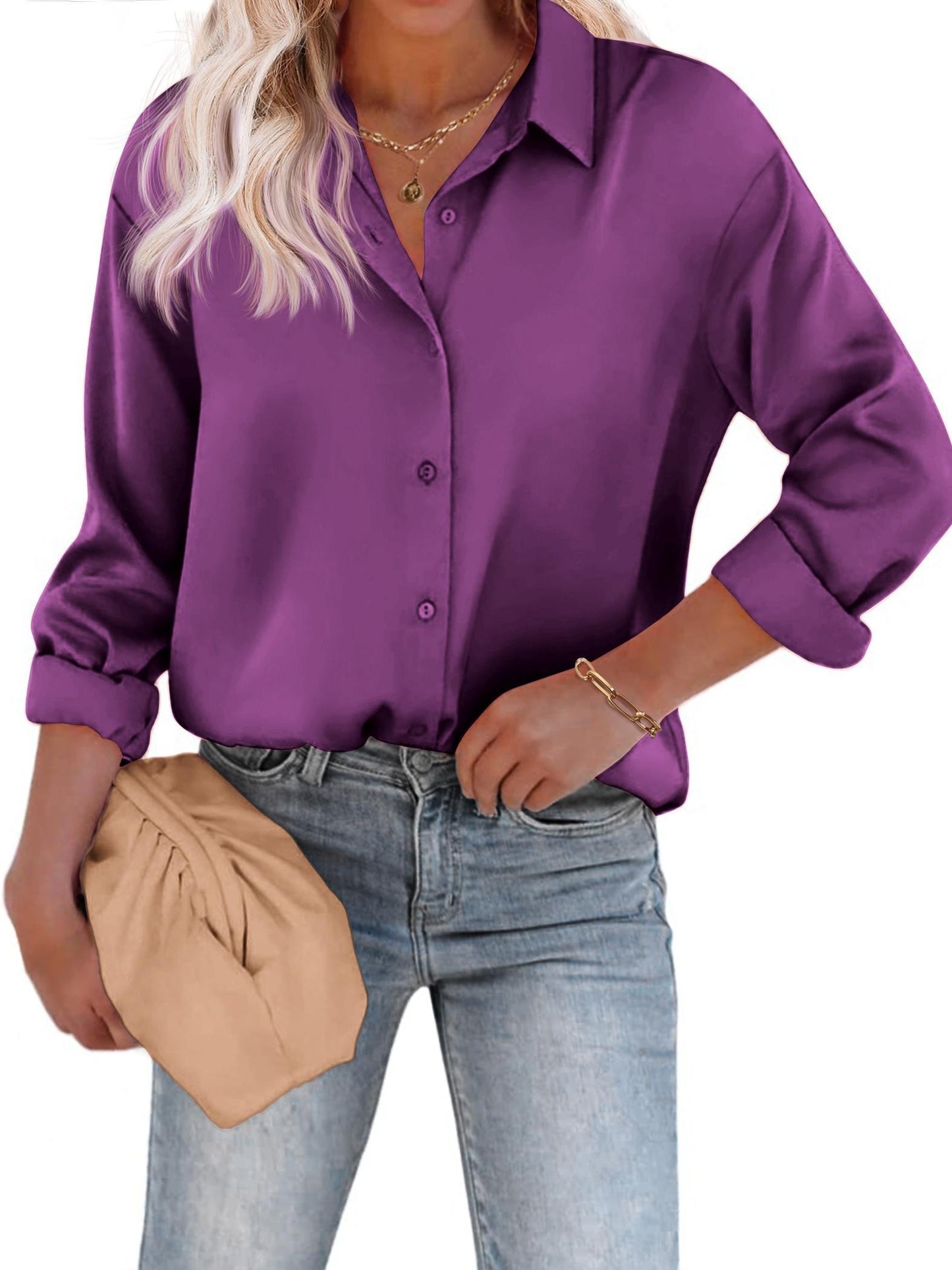 Rozanne - Casual Satijnen Blouse met Knoopsluiting en Lange Mouwen