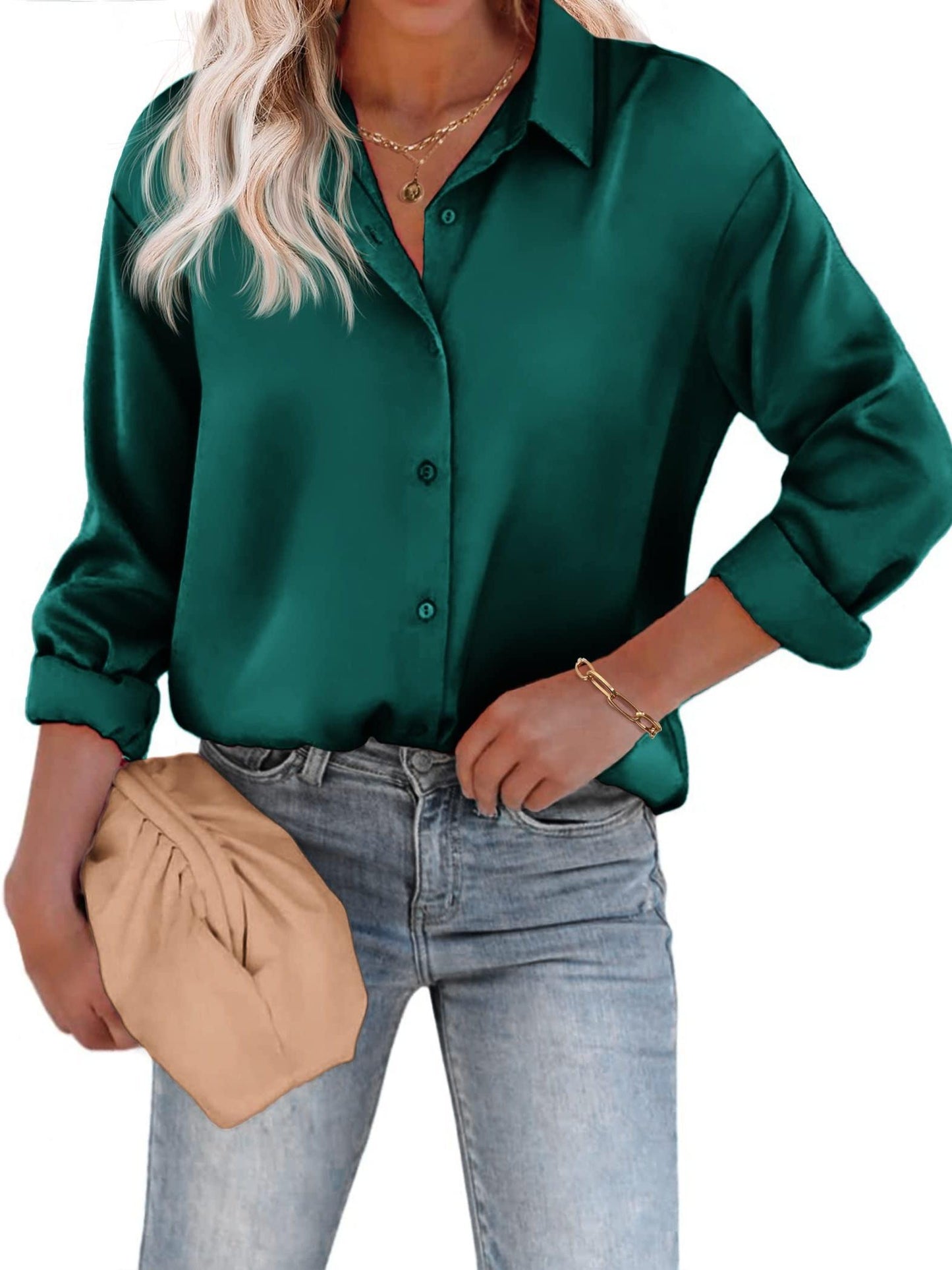 Rozanne - Casual Satijnen Blouse met Knoopsluiting en Lange Mouwen