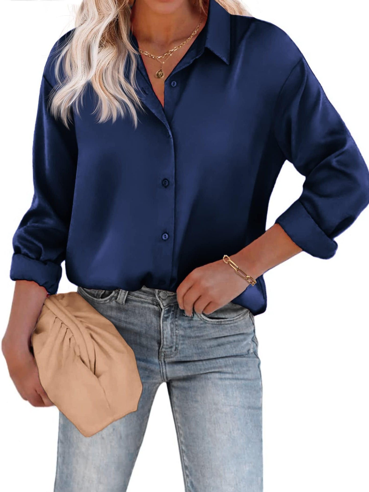 Rozanne - Casual Satijnen Blouse met Knoopsluiting en Lange Mouwen