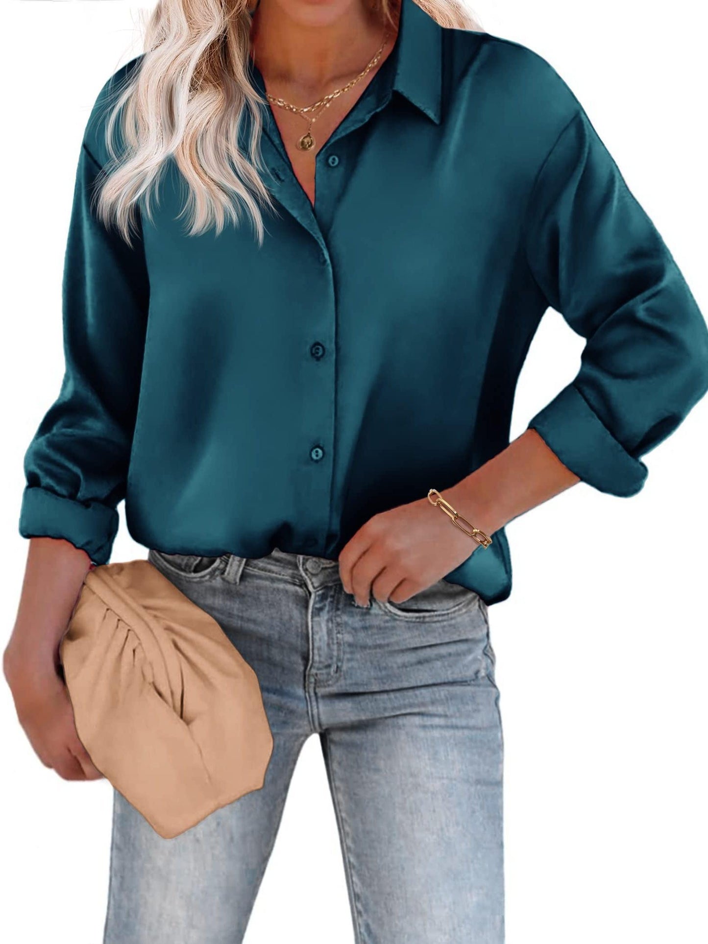 Rozanne - Casual Satijnen Blouse met Knoopsluiting en Lange Mouwen